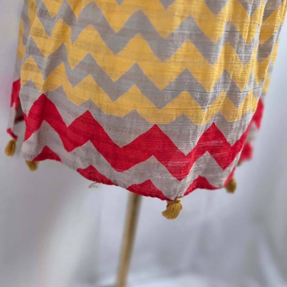 Oliphant Top XS Multicolor Tan Chevron Cotton Boho Blouse Tassels SS Folk Artsy - Picture 5 of 10